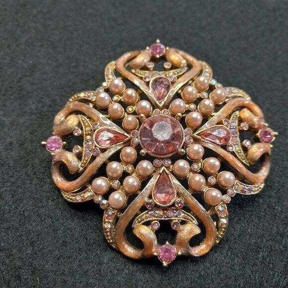 Large Pink Enamel/Beaded/Rhinestone Brooch - Picture 4 of 4